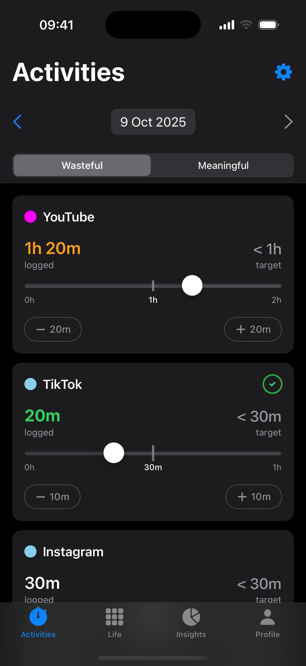 LifeAway time tracking app dashboard displaying daily activity breakdown with categories like work, leisure, and screen time to help reduce time wasting